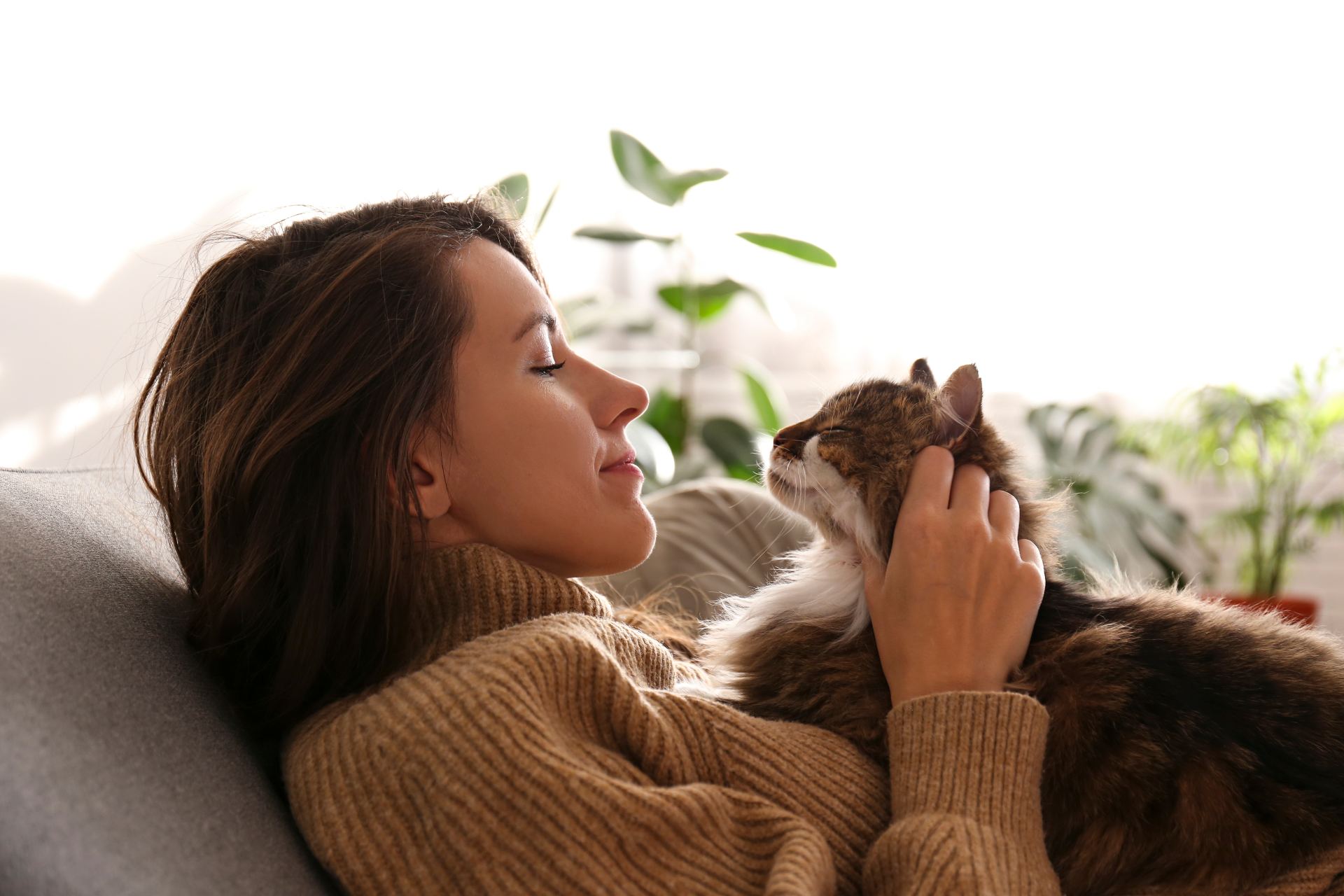 Kvinde i sweater sidder i en sofa med en kat ovenpå hende.
